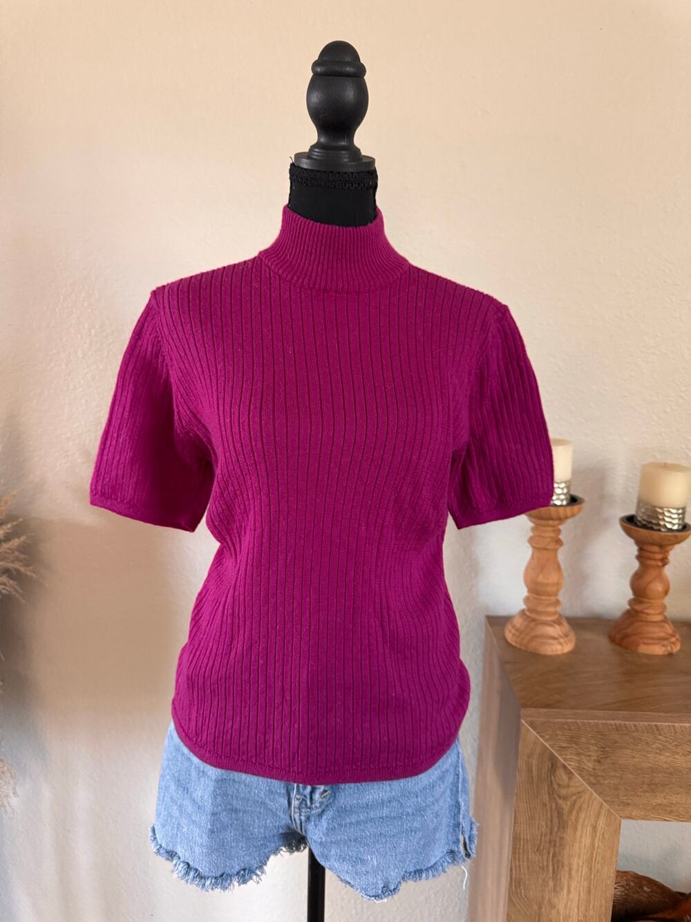 Urban Wool Womens S 100% Pure Merino Wool Short Sleeve Mock Neck Sweater Pink